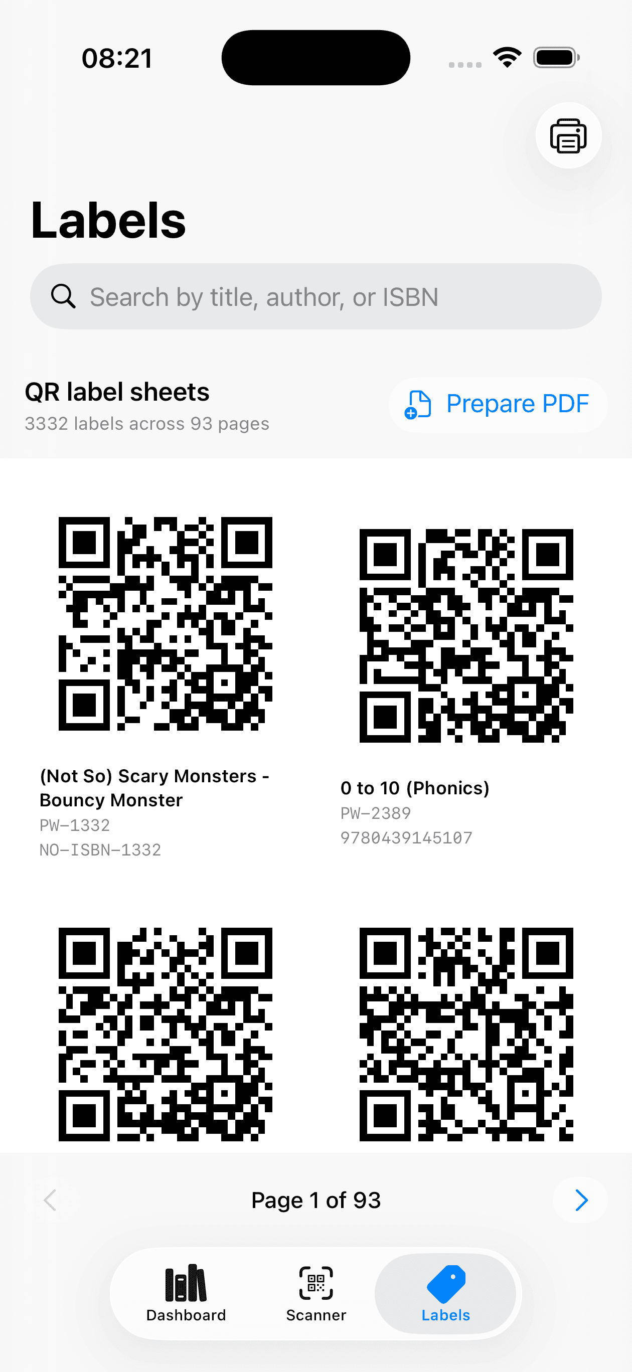 Paperwood iOS QR Label Generator Screen